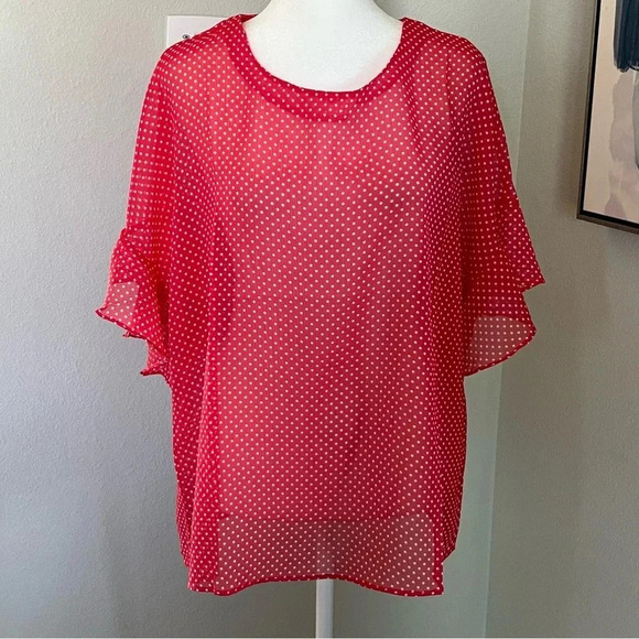 NWT Three Eighty Two Polka Dot Short Sleeve Sheer Top Size Large Red White - Picture 14 of 14